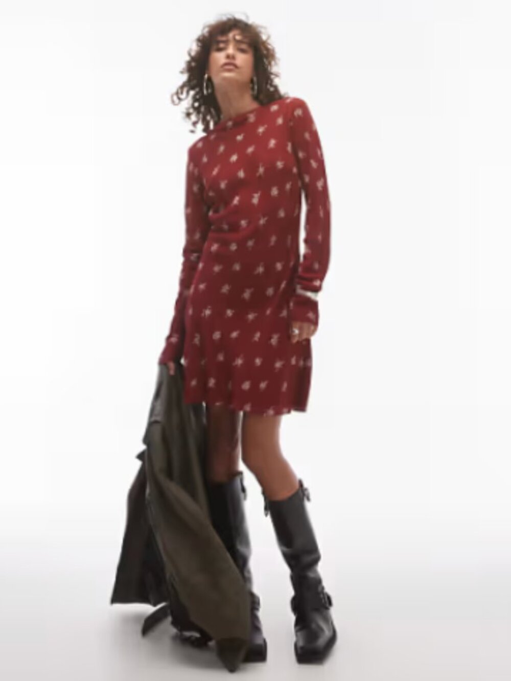 Topshop Red Floral Long Sleeve Dress